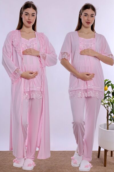 ByLohusa Cotton Long Robe Maternity Nursing Pajama Set Effortt - Pink