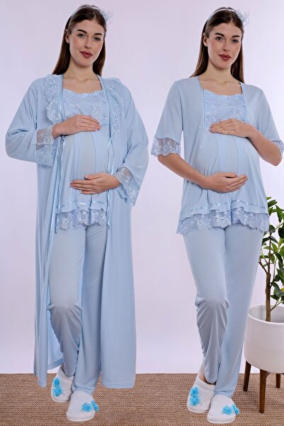 ByLohusa Cotton Long Robe Maternity Nursing Pajama Set Effortt - Blue