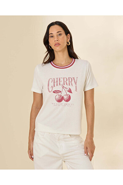 REDTAG Women White Printed Rib Neck T-Shirt