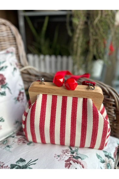 GrandmasHandmade Wooden Framed Striped Fabric Women's Shoulder & Hand Bag