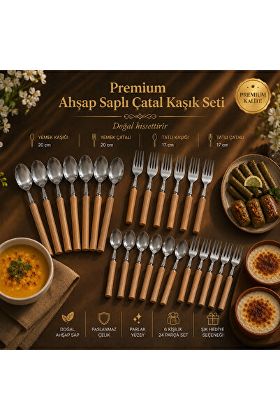NUHA 24 Parça Premium Doğal ahşap saplı Çatal kaşık seti-tatlı kaşığı-tatlı ç...