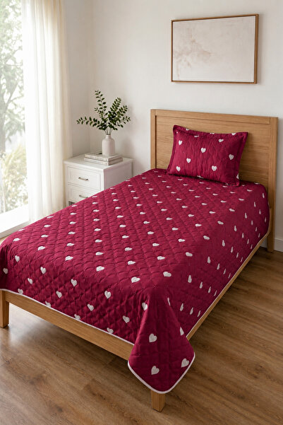 Onaltı Tekstil Heart Patterned Embroidery Detailed Single Bedspread Set