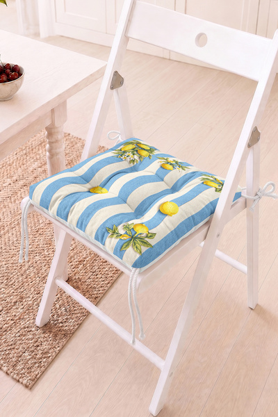 Home Limon Desenli Pofidik Sandalye Minderi - Sarı Mavi Çizgili Dekoratif Minder