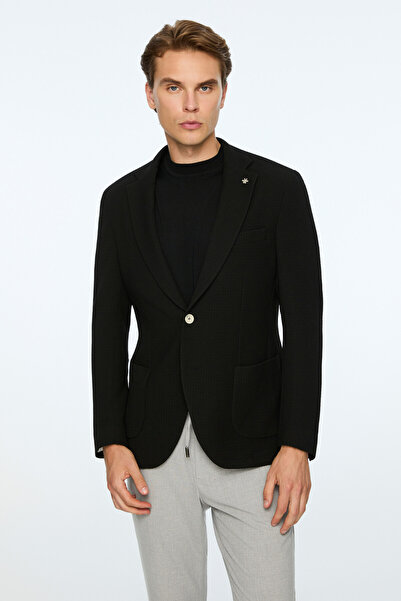 Morven Men's Black Polyviscon Trendy Patterned Slim Fit Jacket