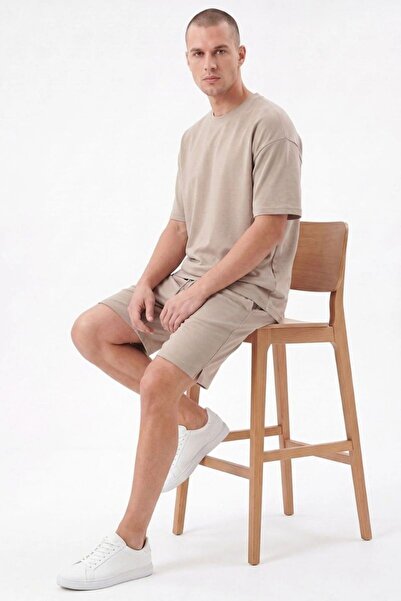 EXSPORT Men's Crew Neck Cotton Side Pocket Slit Comfort Shorts Set