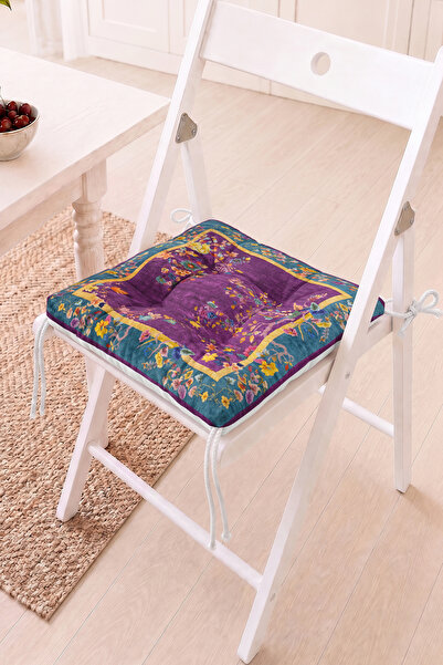 Home Çiçekli ve Mor Desenli Pofidik Sandalye Minderi - Vintage Dekoratif Bahç...