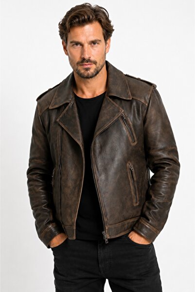 MİRENA LEATHER Erkek Vintage Motorcu Hakiki Deri Ceket