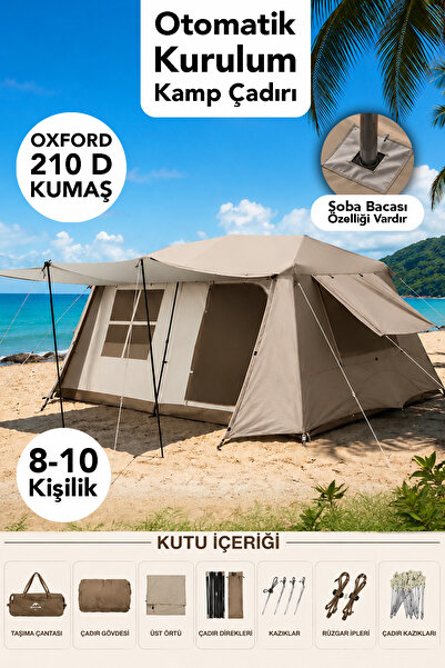 Fischer 10 Kişilik Otomatik Kurulum Çadır - Oxford 210 D Kumaş Soba Baca Özel...