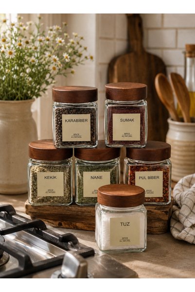 magical dreams Lily Acacia Lid Spice Jar Set Glass Spice Set |   6 Pieces