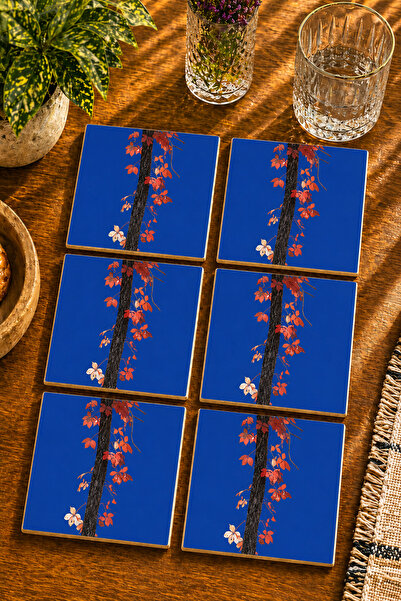JHAAR Autumn Leaves on Blue Background Modern Set of 6 Coasters - Uv Printing...