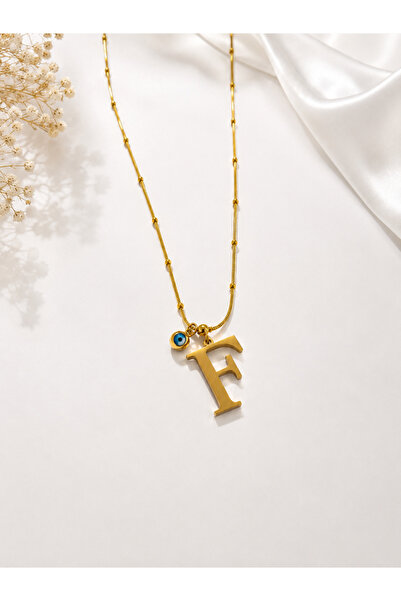 Lilith Takı Steel Necklace with Letter F and Evil Eye Beads |   Gold Letter N...