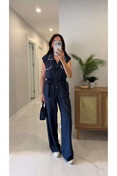 BİRCANÇİL Dolver Navy Blue Stone Embroidered Detailed Linen Vest and Trousers...