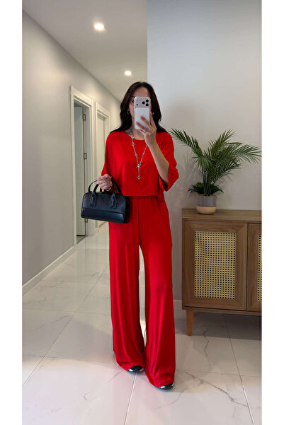 BİRCANÇİL Sedors Red Bat Sleeve Blouse Pants Set