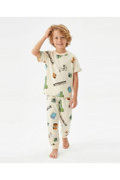 Yağmur Giyim İsob Minec Character Patterned 100% Cotton Boys' Short Sleeve Pa...