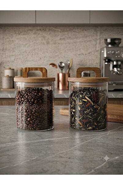 Demirhan 2-Piece Vacuum Acacia Wood Lid Glass Jar - Food/Grain Storage Container