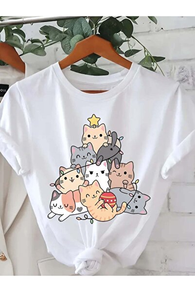 2mcup Wo Christmas Kittens Graphic Print Short Sleeve T-Shirt - Fun Design Fe...