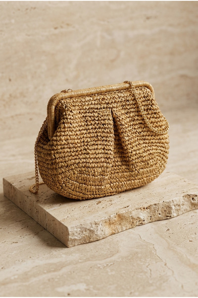 Katia&Bony Women's Chain Strap Straw Portfolio Bag Camel