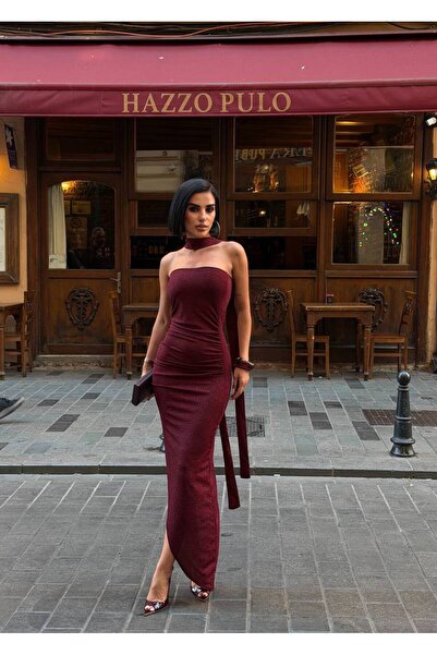 sajarsln Saja Rsln Glittery Strapless Dress with Slit and Gathered Shawl