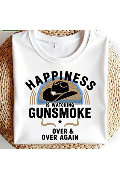 LİNA06 Happiness Is Watching Gunsmoke Graphic T-Shirt - Bold Cowboy Hat Desig...