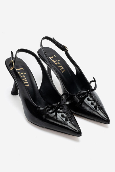 Lizzu Women's Black Pointed Toe Open Back Bow Detailed 8 cm Heeled Shoes Lorane