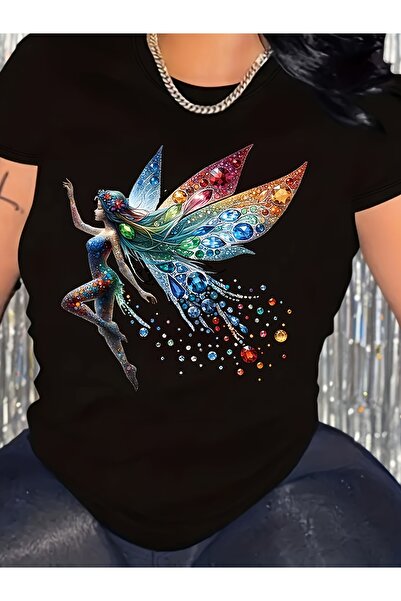 BASEPULSE Casual Top Featuring Short-Sleeve Round Neck with a Women'S Angel P...