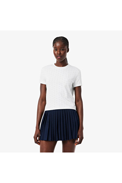 Lacoste Kadın Slim Fit Bisiklet Yaka Desenli Beyaz T-Shirt