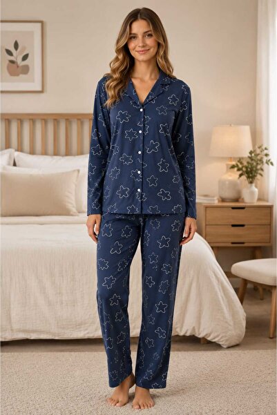 pijamacity Kadın Beş Düğmeli Pijama Takımı Yıldız Desen