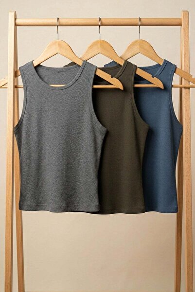 COTENCONCEPT 3 Pieces of Ribbed Fitted Viscose Blended Strappy T-Shirt