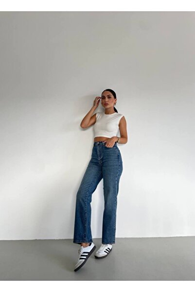 Rabona Fashion Dark Blue High Waist Straight Fit Women's Jean Trousers