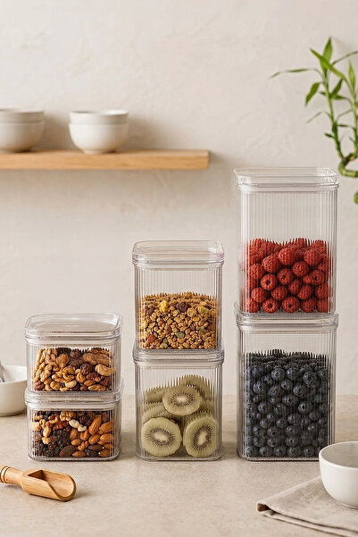 Kitchen Life Set of 6 Vacuum Rectangular Jars with Labels (2X2.7Lt-2X1.6Lt-2X...