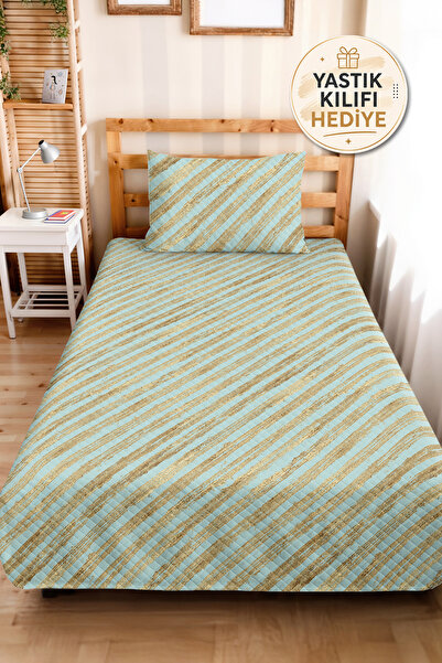 Evimde Bambaşka Blue Striped Geometric Youth Room Single Pique Set - Gold Mod...