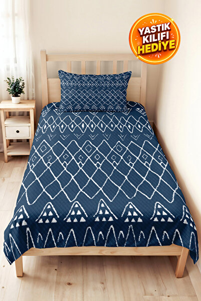 Evimde Bambaşka Blue Geometric Modern Young Room Single Pique Set-White Ethni...