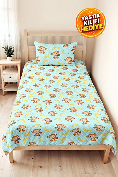 Evimde Bambaşka Cute Monkey Blue Children's Room Single Pique Set - Cute Past...