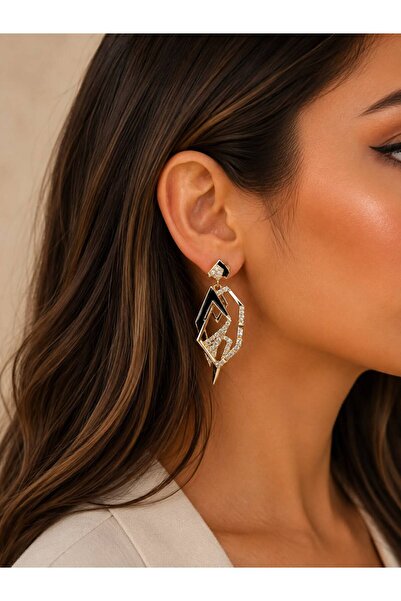 ANKA JEWELLRY أقراط نسائية من الفولاذ باللون الذهبي والأسود بتصميم هندسي
