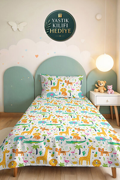 Evimde Bambaşka Safari Animal Kids' Room Single Pique Set - Colorful Tropical...