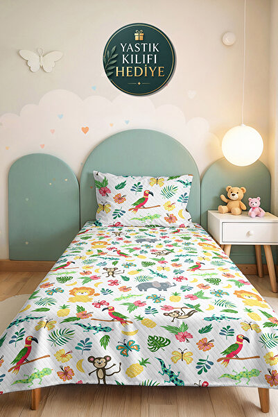 Evimde Bambaşka Safari Tropical Green Children's Room Single Pique Set-Colorf...