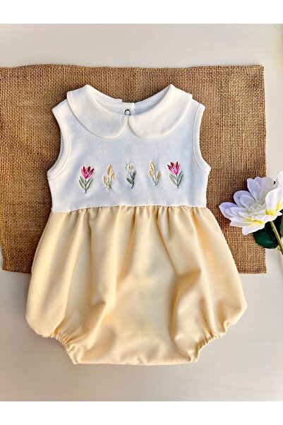 Mama Miel Baby رومبير صيفي للأطفال البنات باللون الأصفر مع تطريز زهور صغيرة /...