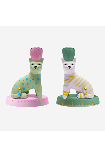 YVONNE ELLEN Animals Kedi Formlu Yeşil Resin Alüminyum Mumluk 12X24 Cm