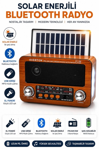 kar-bul Klasik Nostaji Görünümlü rt 739 Solar Panelli Fenerli Bluetooth/USB/S...