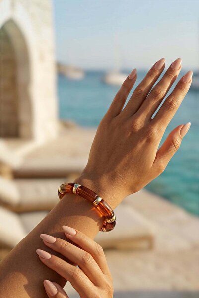 MatmazelLavinya Amber Tone Bone Bracelet |   Gold Detailed Elastic Women's Br...
