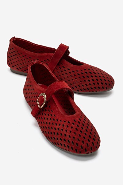 LuviShoes Ari̇an Red Suede Genuine Leather Perforated Women's Ballerina Shoes
