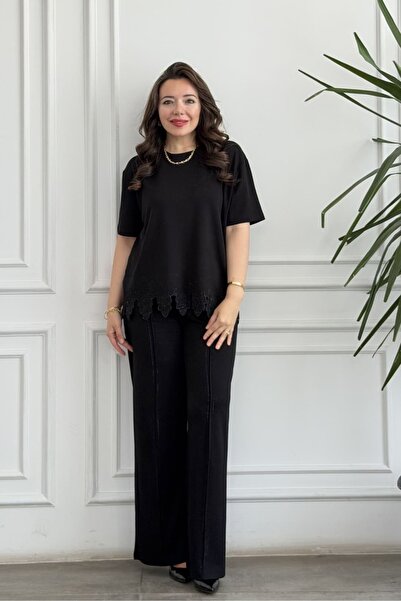 yb yağmur butik Sweatpants Set with Guipure Stone Detail at the Hem