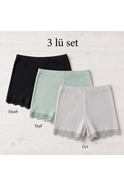 İncili Tekstil Women's 3-Piece Lace Long Ribbed Boxer Shorts - Cotton Stretch...