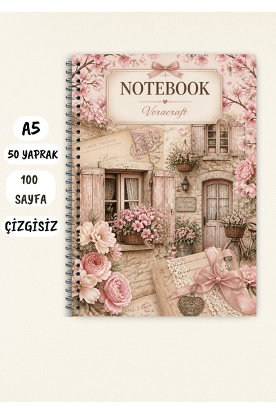 VORACRAFT Pembe Vintage Temalı Not Defteri 50 Yaprak /100 Sayfa, A5 / Tel Spi...