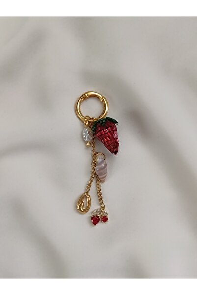 fabjewelleryy El Yapımı Çilek & Deniz Kabuğu Çanta Charmı – Altın Renk Anahta...