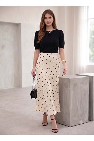 Hisleria Polka Dot Patterned Viscose Satin Fabric Long Skirt (90cm) - Cream (...