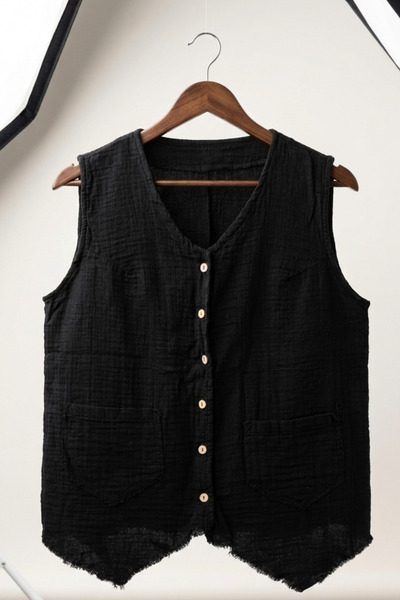 uraltaytowel Siyah Kadın Vintage Müslin Yelek Boho Stil Düğmeli Bluz Yazlık H...