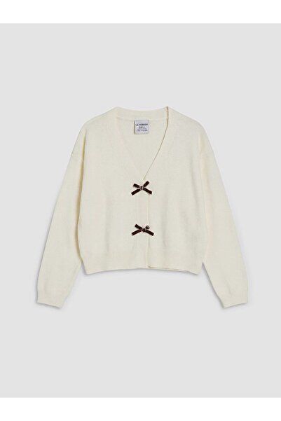 LC Waikiki Lcw Kids Ecru V-Neck Girl's Knitwear Cardigan