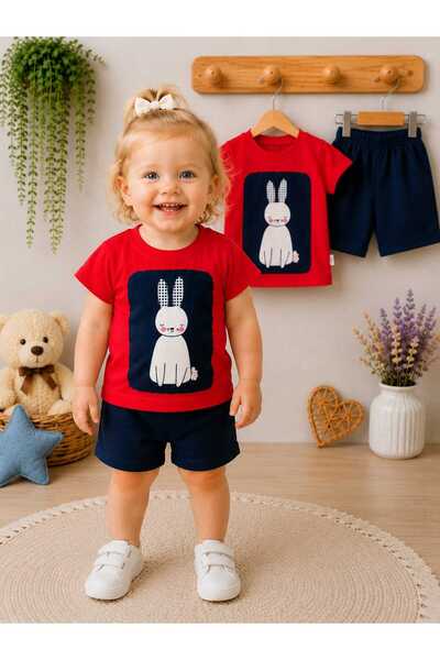 krm kerem bebe Cute Rabbit Patterned Baby Girl Top and Bottom Two-Piece Set