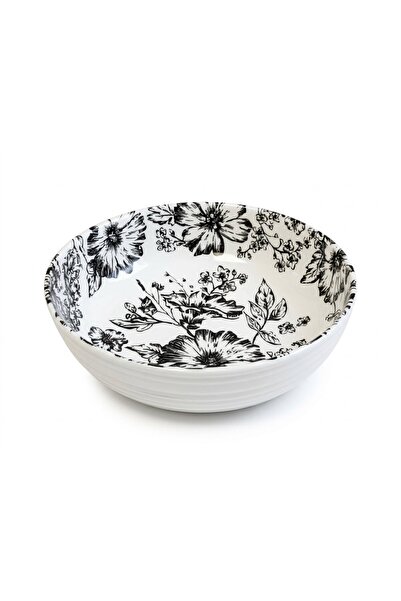 B&D Decorative Ceramic Bowl with Black and White Floral Pattern, 20 cm